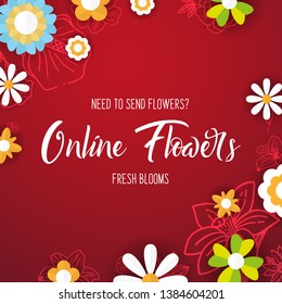 Flat flowers on a sketches background. Floral banner. Vector illustration