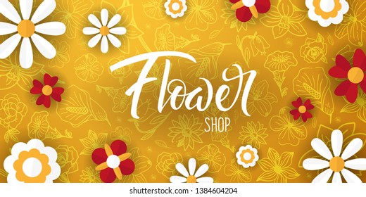 Flat flowers on a sketches background. Floral banner. Vector illustration