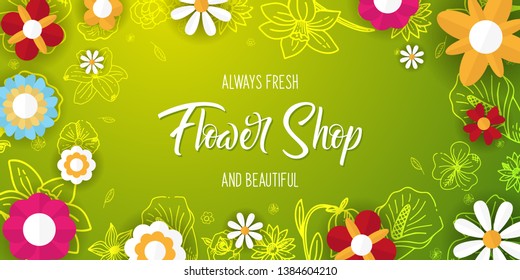 Flat flowers on a sketches background. Floral banner. Vector illustration
