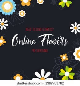 Flat flowers on a sketches background. Floral banner. Vector illustration