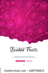 Flat flowers on a sketches background. Floral banner. Vector illustration