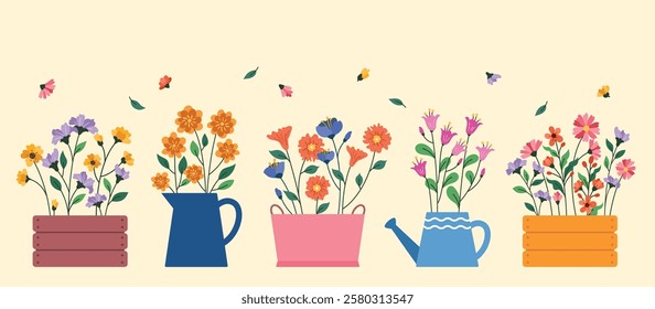 Flat flowers in a pot collection vector illustration