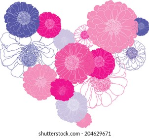 flat flowers silhouette and outline in shape of heart