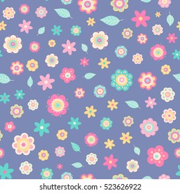 Flat flowers. Vector seamless pattern with cute flat flowers. Pastel colors - light pink; yellow; green. Nice baby background. Spring season. On blue background.