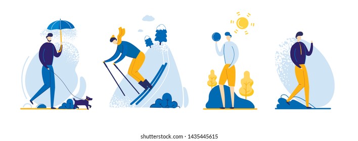 Flat Flyer Guy in Different Weather Conditions. Guy Skiing in Winter and Wind. Man Walking with Dog in Rain. Walks in Fresh Spring and Summer. Vector Illustration on White Background.