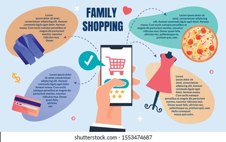 Flat Flyer Online Ordering And Family Shopping. Closeup Male Hand In Suit Holds Smartphone. On Phone Screen Is An Application For Buying Online Clothing And Food. Vector Illustration.