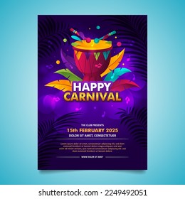 Flat flyer template brazilian carnival with drum and decorative elements