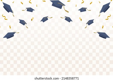 flat flying Graduation caps confetti with gold ribbon illustration