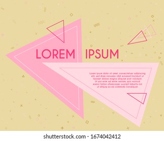 Flat flying triangles geometric banner vector design. Poster or flyer template with geometric confetti - triangles, circles, squares, cross, zigzag shapes. Banner composition with text place.