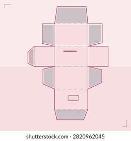 Flat folding carton dieline drawn only as line types that a maker can act on: solid cut lines on the outline, dashed glue tab runs on every shared edge, hatched glue tabs, slots and punched tabs, laid out as a box template in sakura colors with no lettering and no assembled view, ready to print, cut and fold.