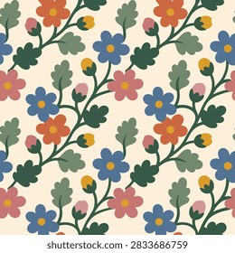 Flat folk botanical pattern source with slate blue, terracotta and dusty rose hepatica flowers, mustard buds and lobed green leaves on light cream.