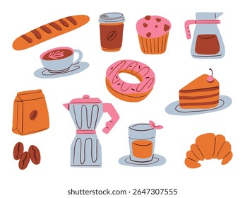 Flat Food And Coffee Icon Illustration. A charming set of flat style food and coffee illustrations including croissant donut espresso coffee maker cake muffin. Perfect for menus and cozy cafe graphics