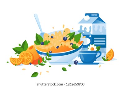 Flat food with cup of tea, milk, orange, green, cereal for breakfast. Concept homemade, healthy food, morning mode. Vector illustration