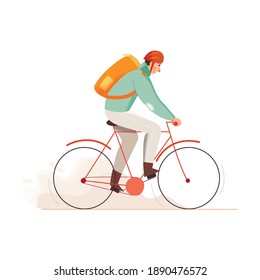Flat food delivery man riding bike vector illustration