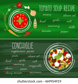 Flat food design concept.Top view  hand drawn illustrations for soup and pasta recipe.Gastronomy services,web banners,buttons,cards, labels,badges,user interface,applications and printed materials.
