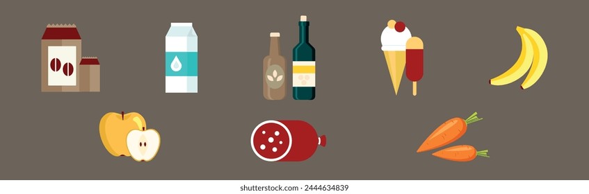 Flat Food Icon with Coffee, Milk, Wine Bottle, Ice Cream, Banana, Apple, Wurst and Carrot Vector Set