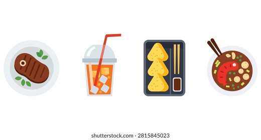 Flat food icon collection featuring grilled steak cold drink toasted bread noodle bowl and assorted meals perfect for restaurant menus culinary applications delivery services and cooking themed designs.