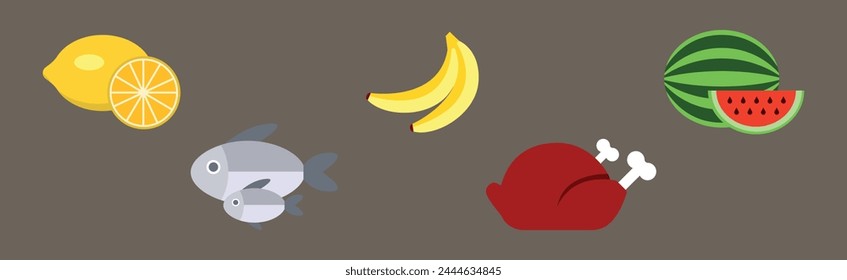 Flat Food Icon with Lemon, Banana, Watermelon, Fish and Chicken Vector Set