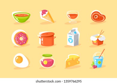 Flat food icon set with egg, milk, donut, chinese noodles, ice cream, cocktail, jam, steak. Concept collection modern symbols for cooking, internet, ad, web Pixel perfect Vector illustration