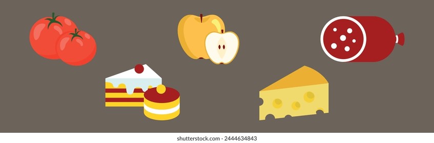 Flat Food Icon with Tomato, Apple, Wurst, Cake and Cheese Vector Set