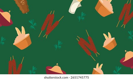 Flat food icons with kebabs, hummus, parsley, and wraps over a green background, great for Eastern cuisine projects.