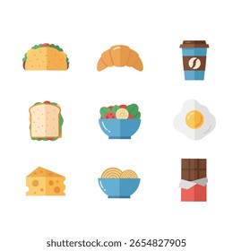 Conjunto de ícones de comida plana: taco, croissant, café, sanduíche, salada, ovo, queijo, massa, chocolate