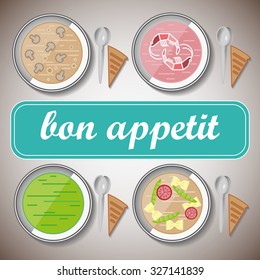 Flat food icons. Vector illustration. Soup, spoon, bread, mashrooms, shrimp.