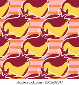 Flat food seamless pattern with maroon and yellow colored pomegranate shapes. Orange striped background. Decorative backdrop for fabric design, textile print, wrapping, cover. Vector illustration.