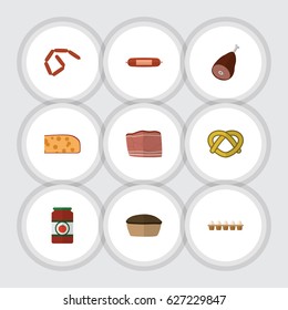 Flat Food Set Of Beef, Tart, Bratwurst And Other Vector Objects. Also Includes Tart, Biscuit, Sauce Elements.