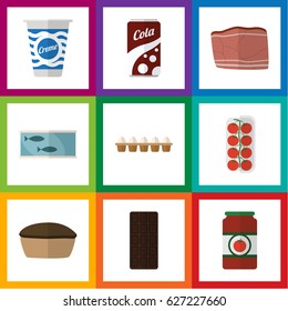 Flat Food Set Of Tin Tuna, Fizzy Drink, Tomato And Other Vector Objects. Also Includes Box, Fizzy, Confection Elements.