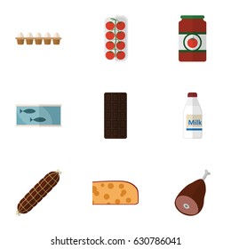 Flat Food Set Of Tin Tuna, Ketchup, Confection And Other Vector Objects. Also Includes Smoked, Bratwurst, Sauce Elements.