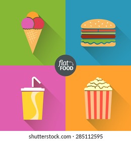 Flat food symbols with long shadow, ice-cream, hamburger, soda, popcorn
