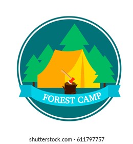 Flat forest camping round logo template with tent hatchet in wood stump and green trees vector illustration