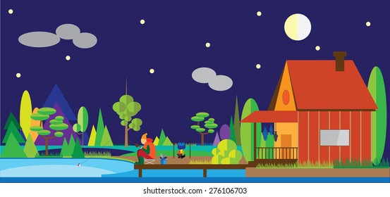 flat forest, fishing, night. vector background