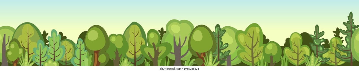 Flat forest. Horizontal seamless composition. Foliage. Cartoon style. Funny green rural landscape. Level the game. Comic design. Cute scene with trees. Vector