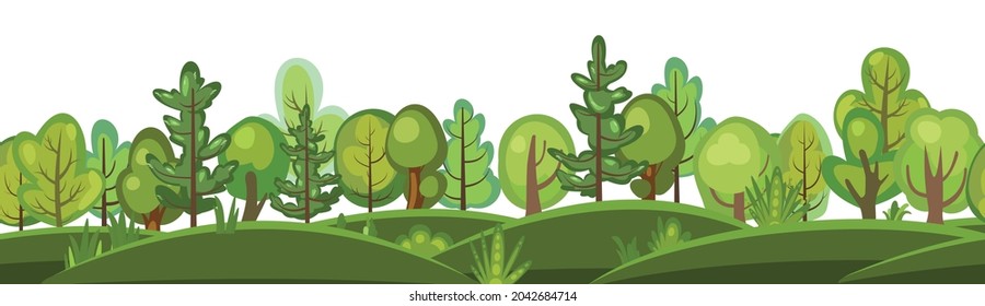 Flat forest. Horizontal seamless composition. Cartoon style. Funny green rural landscape. Level the game. Comic background design. Cute scene with trees. Isolated Vector.