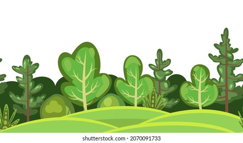 Flat forest. Horizontal seamless composition. Cartoon style. Hills. Funny green rural landscape. Level the game. Comic background design. Cute scene with trees. Isolated Vector