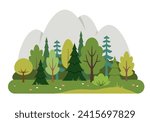 Flat forest illustration with pine trees and mountains. Outdoor scene. Nature background.