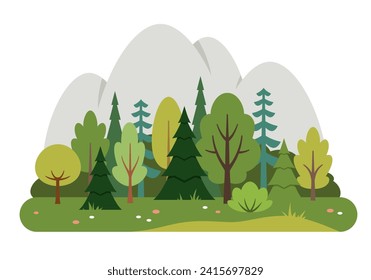 Flat forest illustration with pine trees and mountains. Outdoor scene. Nature background.