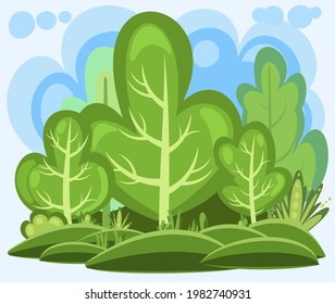 Flat forest. Illustration in a simple symbolic style. Funny green rural landscape. Clouds. Comic design. Wild thickets. Cute scene with trees. Cartoon Vector