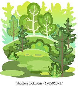 Bosque plano. Ilustración en un sencillo estilo simbólico. Un paisaje verde divertido. Aislado. Diseño de historietas. Escena delicada con árboles. Paisaje salvaje de campo. Vector