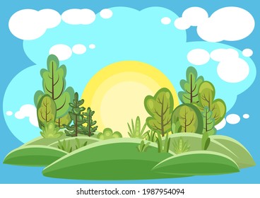 Flat forest. Illustration in a simple symbolic style. Sun. Funny green landscape. Comic cartoon design. Cute scene with trees. Country Wild Scenery. Vector
