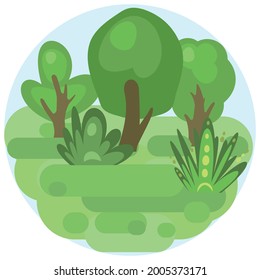 Bosque plano. Ilustración en un sencillo estilo simbólico. Un paisaje verde divertido. Ronda Aislada. Diseño de historietas. Escena delicada con árboles. Paisaje salvaje de campo. Vector