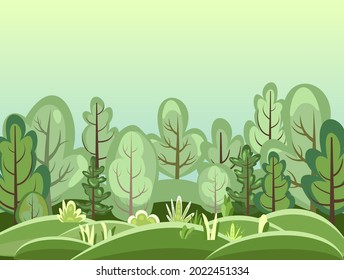 Flat forest. Illustration in a simple symbolic style. Fog. Funny green rural landscape. Comic design. Wild thickets. Cute scene with trees. Cartoon Vector