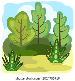 Flat forest. Illustration in a simple symbolic style. Funny green landscape. Isolated. Comic cartoon design. Cute scene with trees. Country Wild Scenery. Vector