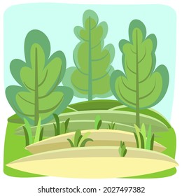 Flat forest. Illustration in a simple symbolic style. Sand. Funny green landscape. Isolated. Comic cartoon design. Cute scene with trees. Country Wild Scenery. Vector