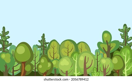 Flat forest. Illustration in a simple symbolic style. Funny green rural landscape. Comic design. Wild thickets. Cute scene with trees. Cartoon Vector.