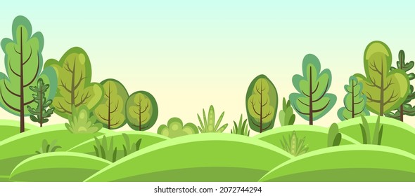 Flat forest. Illustration in a simple symbolic style. Funny green landscape. Hill meadows. Comic cartoon design. Cute scene with trees. Country Wild Scenery. Vector