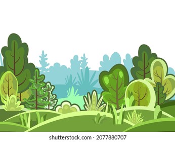 Flachwald. Illustration in einem einfachen symbolischen Stil. Schöne Landschaft im Grünen. Comic-Design. Wilddicken. Die Szene ist ruhig mit Bäumen. Einziger Cartoon-Vektorgrafik.