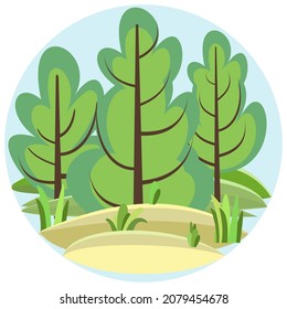 Bosque plano. Ilustración en un sencillo estilo simbólico. Un paisaje verde divertido. Aislado. Diseño de historietas. Escena delicada con árboles. Paisaje salvaje de campo. Vector.